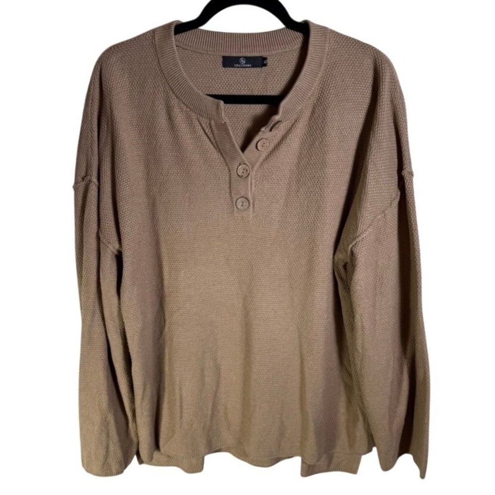 LILLUSORY Women XL Tan Henley Sweater Oversized Textured Knit Long Sleeve LS055
